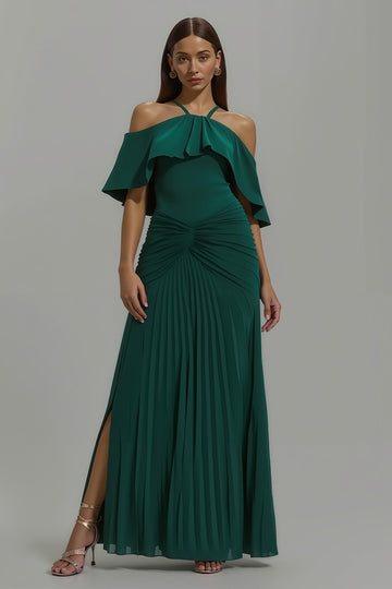 Off The Shoulder A-Line Dark Green Holiday Dress With Slit